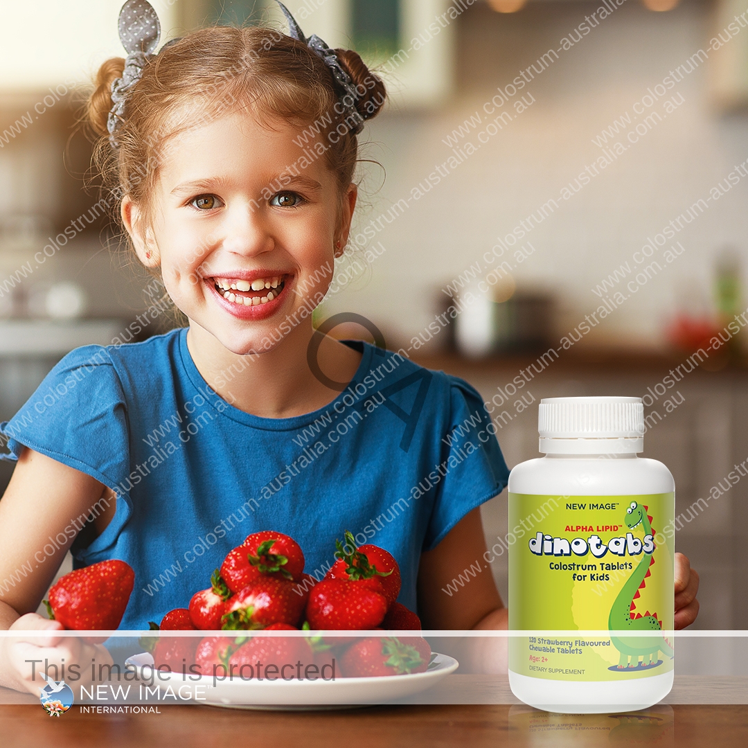 Children enjoy the taste of Alpha Lipid™ Dinotabs Strawberry flavoured