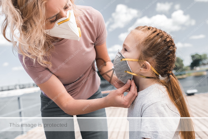 Mother protecting child with face mask